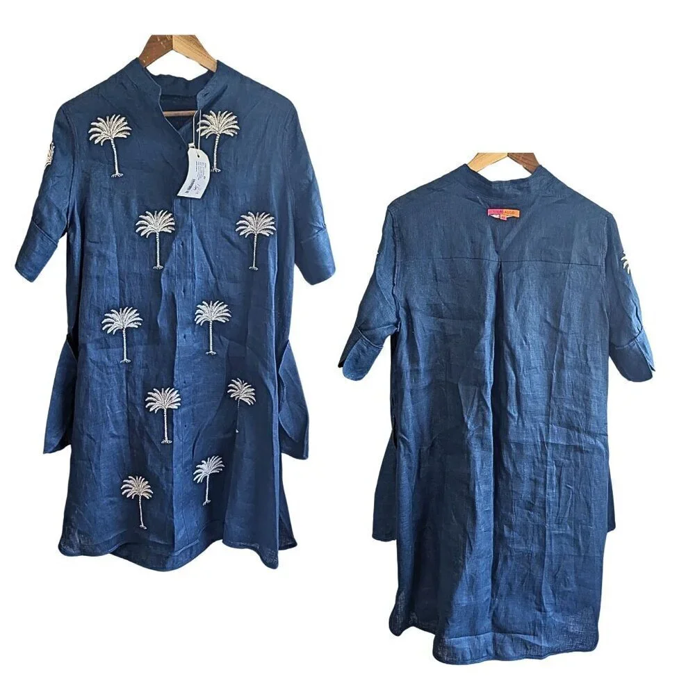 NWT VILAGALLO Hester Palm Tree Embroidered 100% Linen Shirt Dress Size 42/8